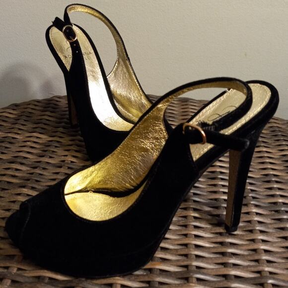 Adrianna Papell Black Velvet Platform Peep-toe Stiletto Heels 7 Old Money Glam - Picture 1 of 9